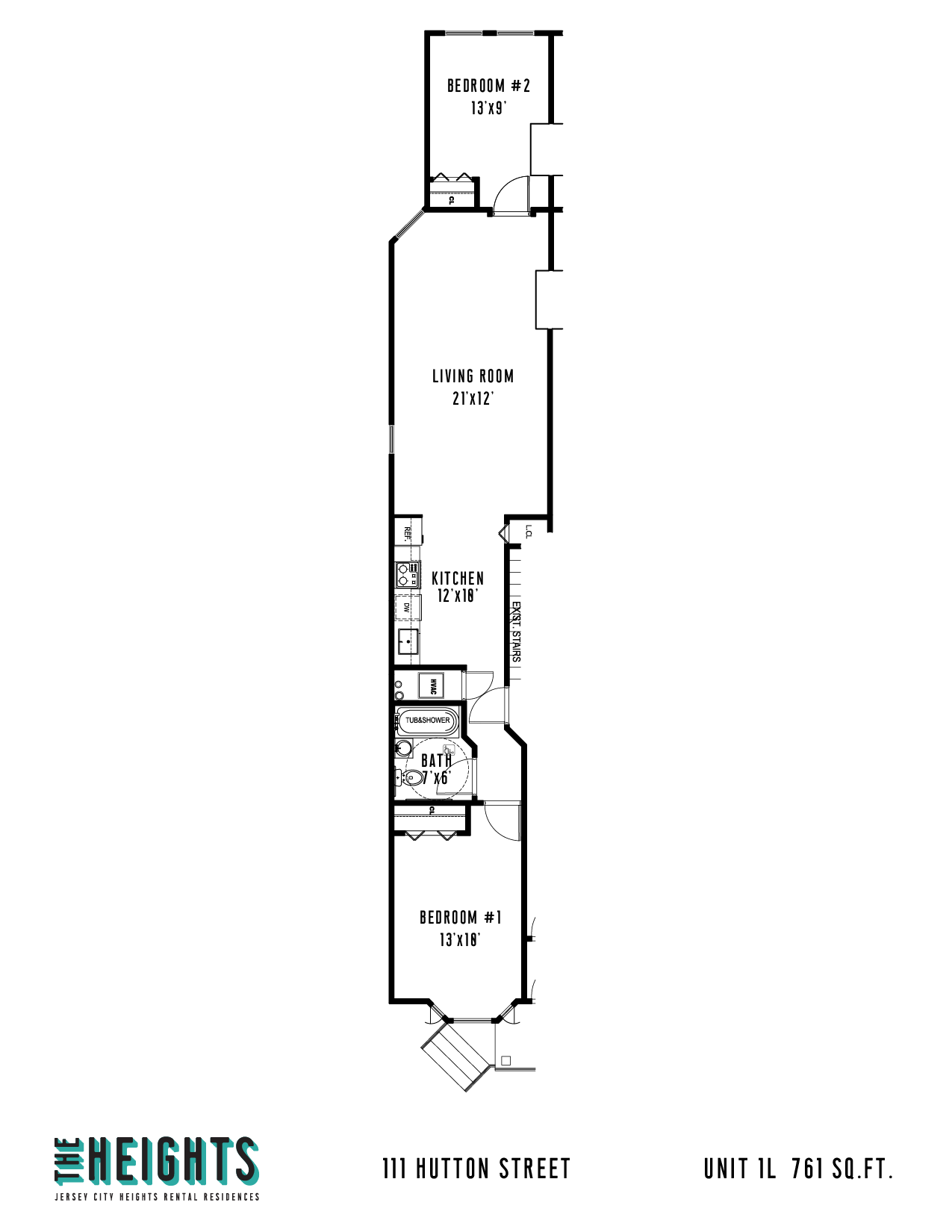 Floor plan for 2 beds, 1 bath, 761 sqft